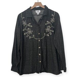 Cervelle Women’s 2X 100% Silk Embroidered Beaded Button Front Blouse Shirt Gray